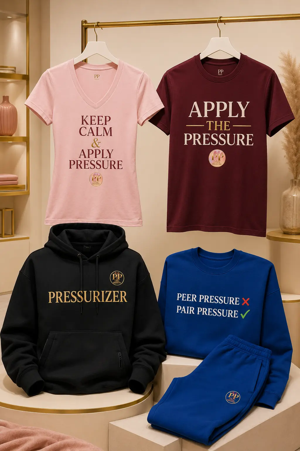 Concept preview of Pair Pressure V neck and crew neck tees, hoodie and jogger set