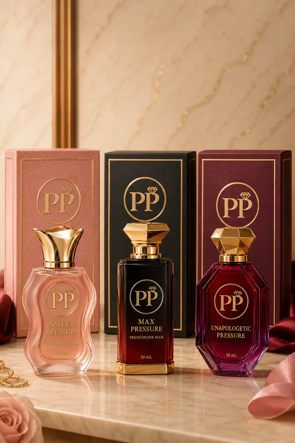 Concept preview of Sweet Pressure, Max Pressure and Unapologetic Pressure 30 mL fragrances